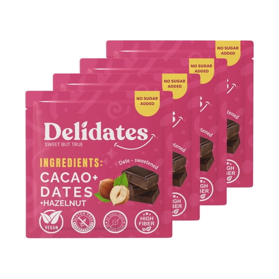 Delidates Date-Sweetened Chocolate Bar with Hazelnuts No Added Sugar Gluten Free Vegan 40g (4 packs)