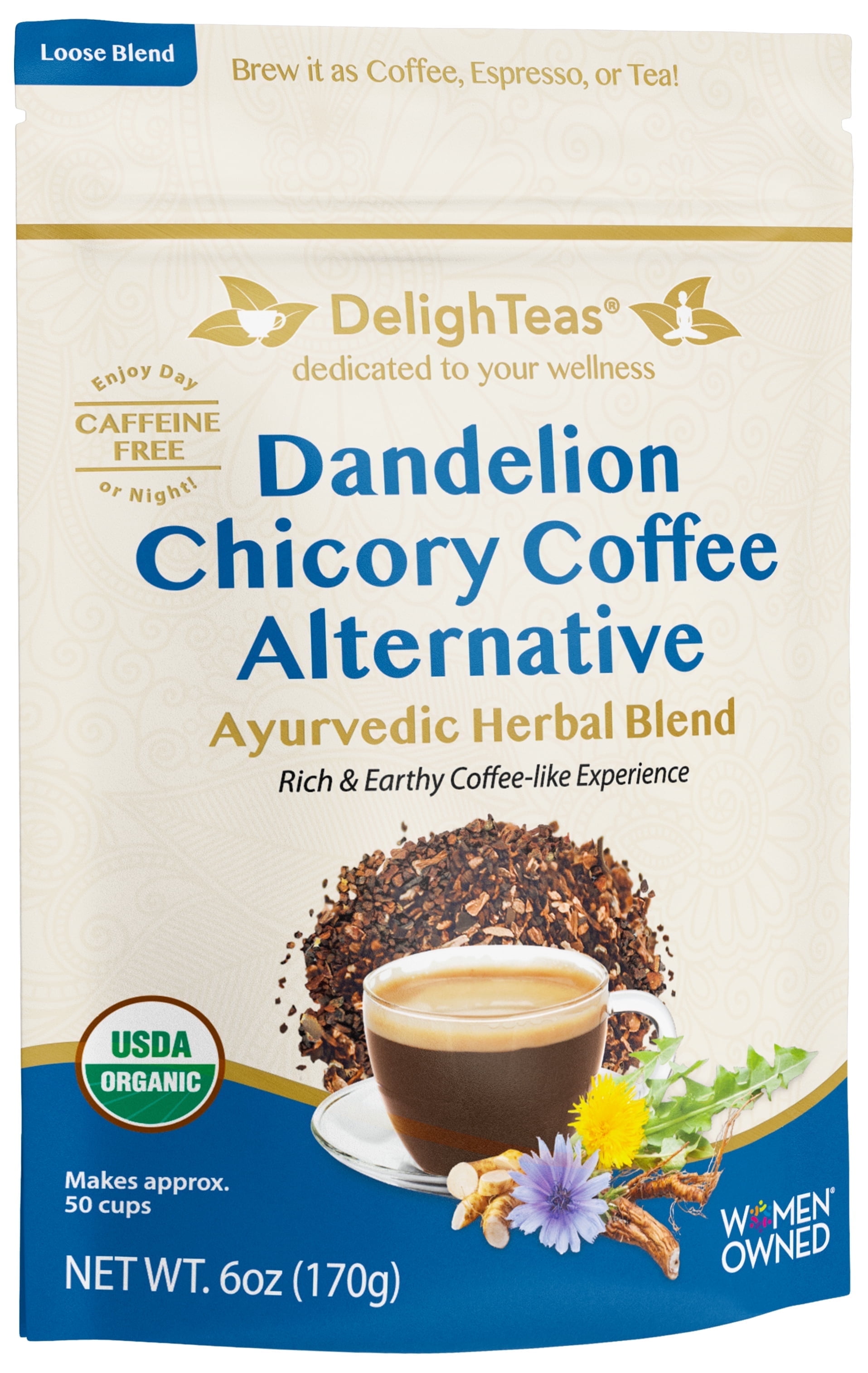 DelighTeas Chicory Dandelion Coffee Alternative | USDA Organic, Caffeine Free (50 Servings)
