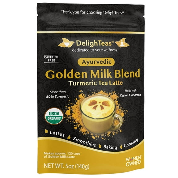 DelighTeas Organic Golden Milk Powder with Turmeric, Ginger and Ceylon Cinnamon | Unsweetened, Vegan (5oz, 120 Servings)