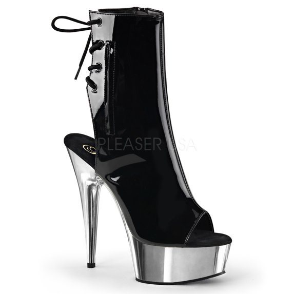 *6" Heel, 1 3/4" Chrome Plated PF Open Toe/Heel Ankle Boot - Blk Pat/Slv Chrome, 8