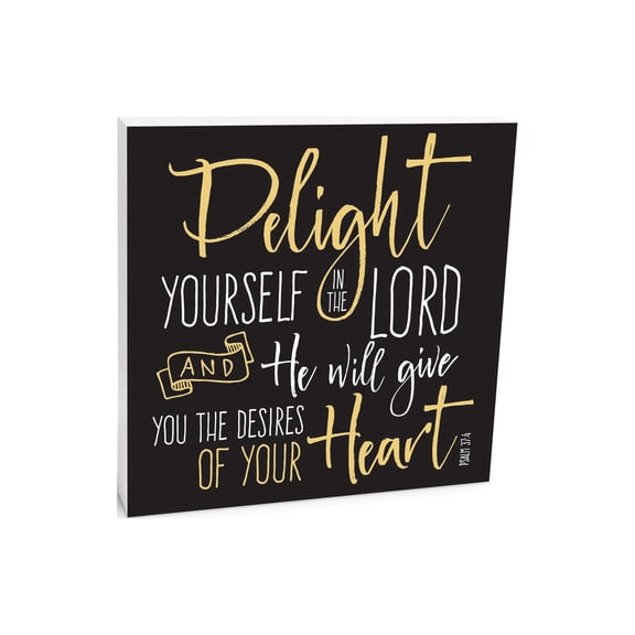 Delight In The Lord Slate Grey Script 10 x 10 Wood Tabletop Sign Plaque