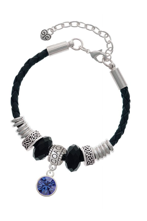 10mm Blue Crystal Drop Coach Celtic Knot Leather Bead Bracelet, 7"+2" Extender