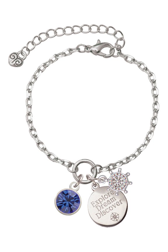 10mm Blue Crystal Drop Silvertone Discover Dream Explore Zoey Charm Bracelet, 6.5+2" Extender