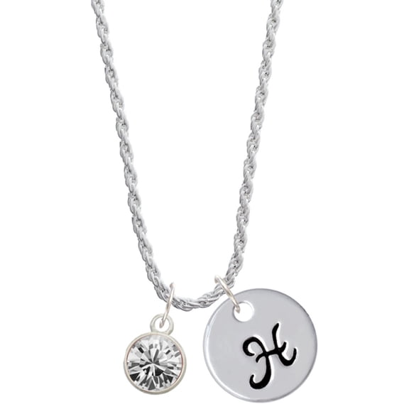 Delight Jewelry 10mm Clear Crystal Drop Silvertone Script Initial Disc - H - Charm Necklace, 20"+3"
