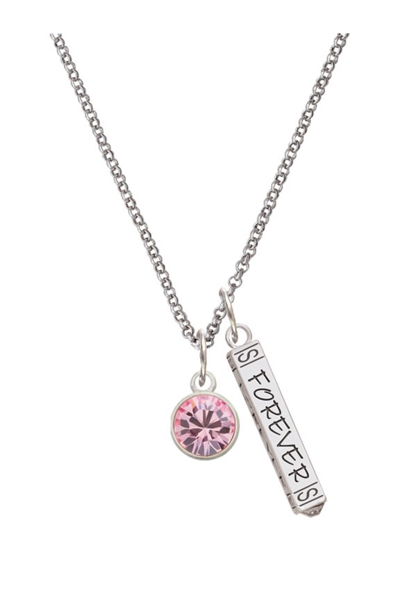 10mm Light Pink Crystal Drop Silvertone Forever Bar Charm Necklace, 23"