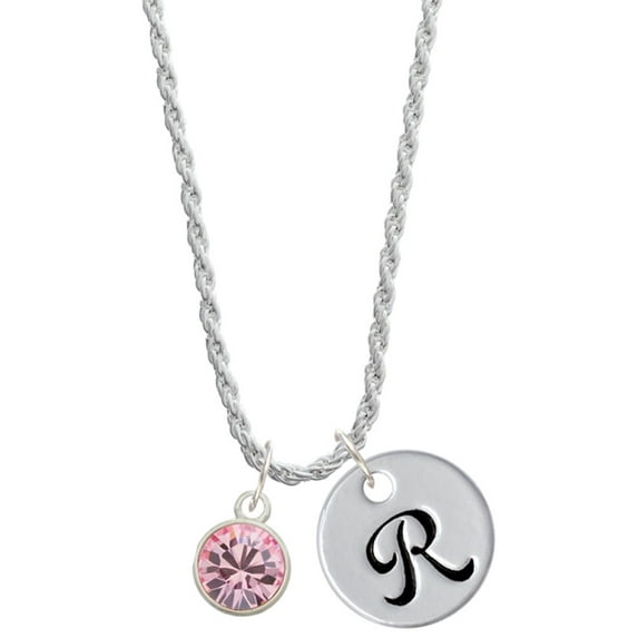 Delight Jewelry 10mm Light Pink Crystal Drop Silvertone Script Initial Disc - R - Charm Necklace, 20"+3"