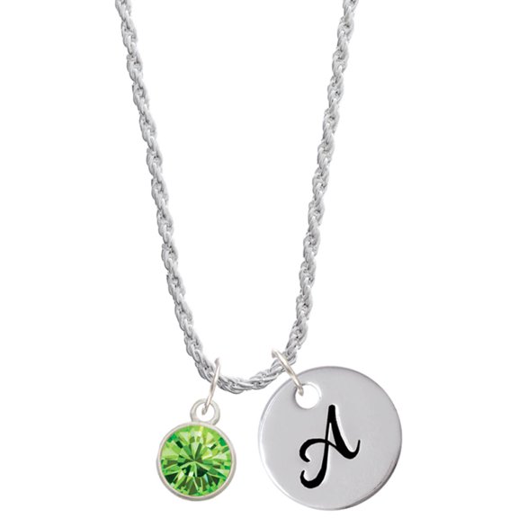 Delight Jewelry 10mm Lime Green Crystal Drop Silvertone Script Initial Disc - A - Charm Necklace, 20"+3"