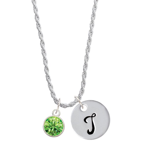 Delight Jewelry 10mm Lime Green Crystal Drop Silvertone Script Initial Disc - T - Charm Necklace, 20"+3"