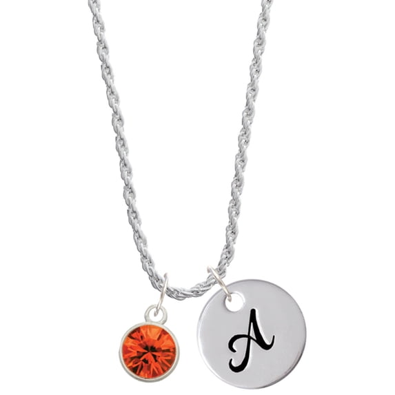 Delight Jewelry 10mm Orange Crystal Drop Silvertone Script Initial Disc - A - Charm Necklace, 20"+3"