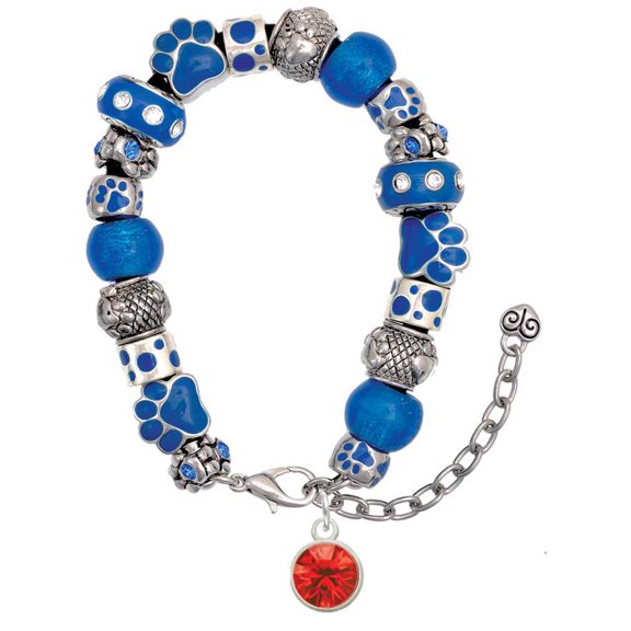 Delight Jewelry 10mm Red Crystal Drop Blue Paw Print Bead Bracelet, 7"+2"