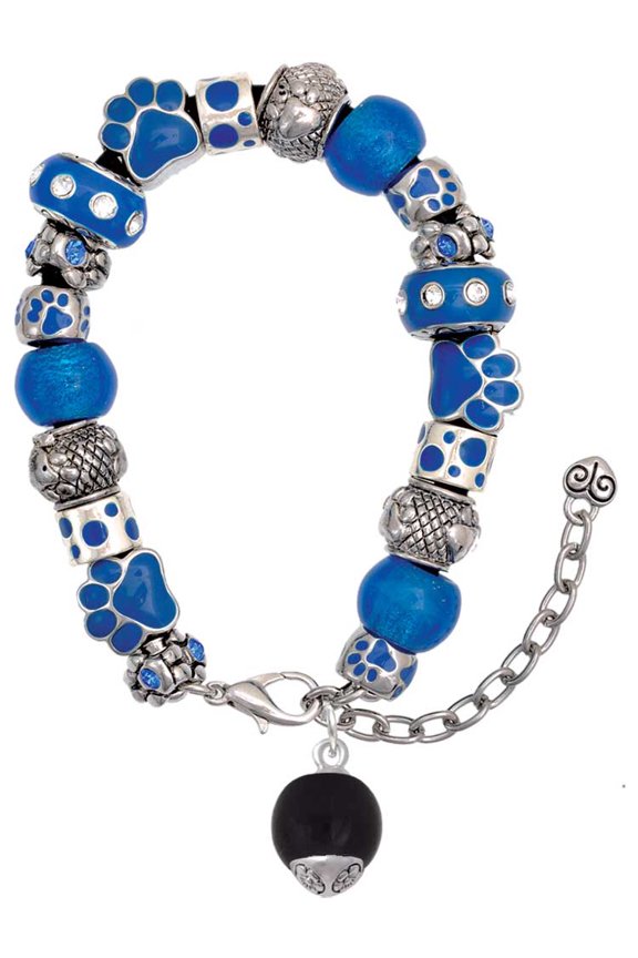 12mm Black Roller Glass Spinner Blue Paw Print Bead Bracelet, 7"+2"