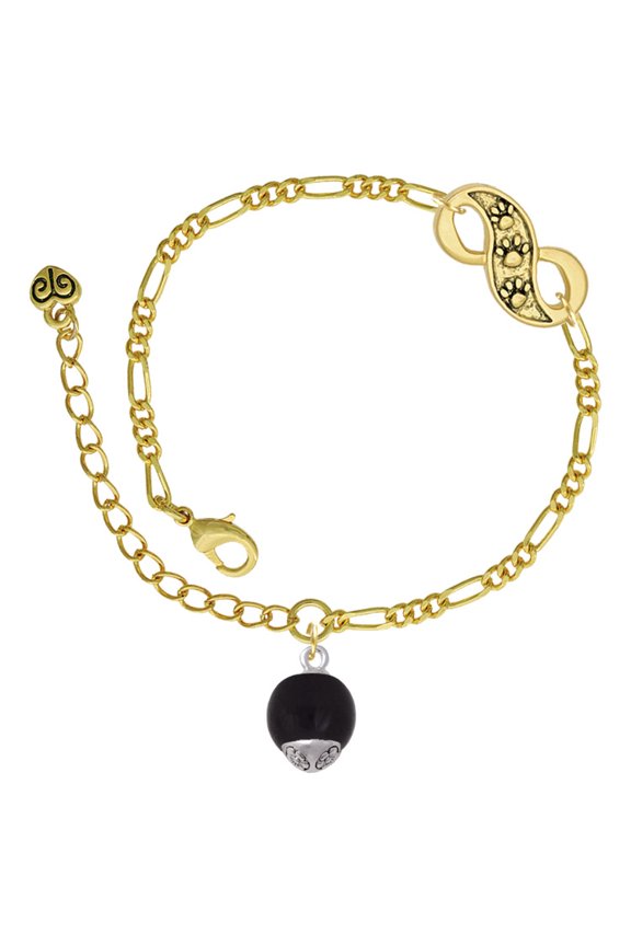 12mm Black Roller Glass Spinner Gold-tone Paw Infinity Link Chain Bracelet, 6"+2" Extender