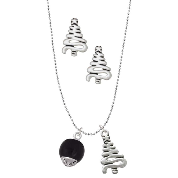Delight Jewelry 12mm Black Roller Glass Spinner Silver tone Zig Zag Christmas Tree Charm Necklace and Stud Earrings