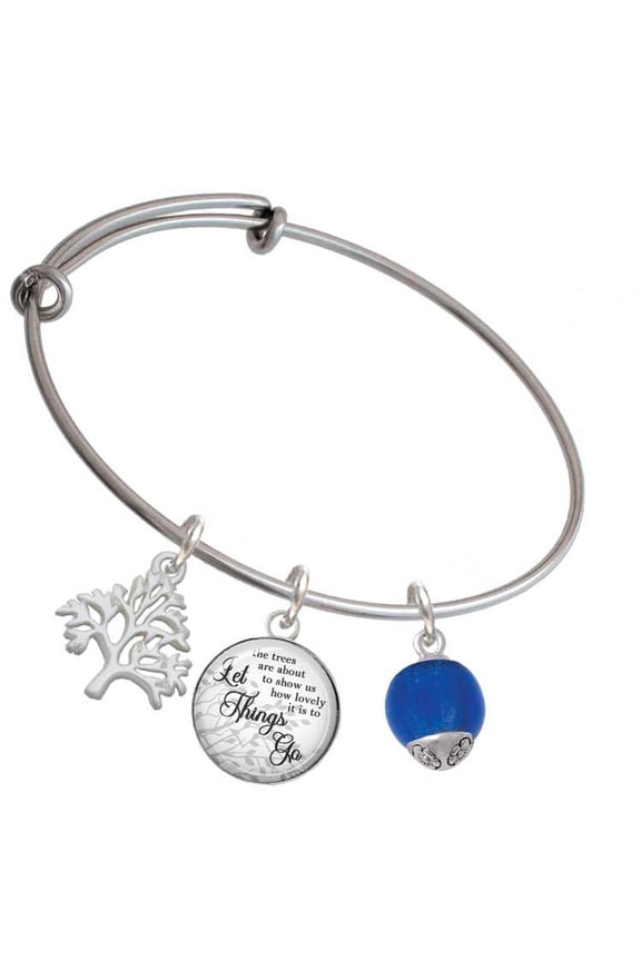 12mm Capri Blue Roller Spinner with Silvertone Lining Glass Spinner Silvertone Let Things Go Tree Charm Bangle Bracelet