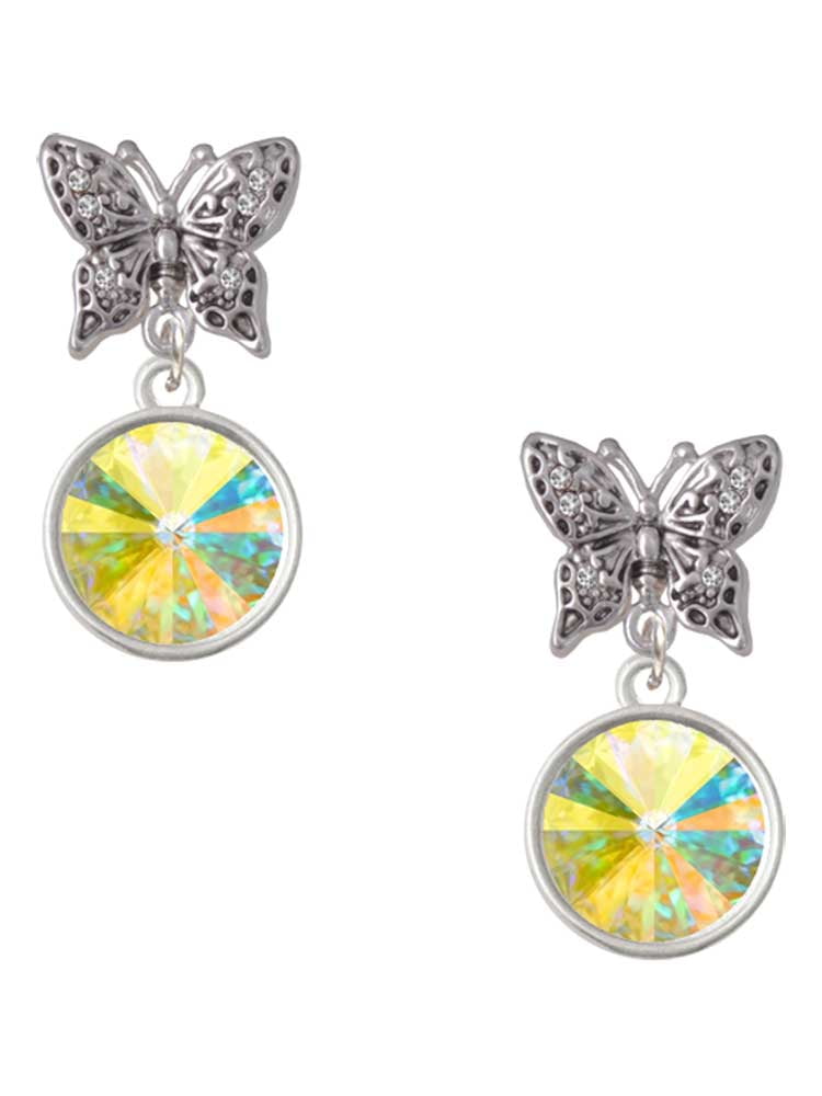 Delight Jewelry 12mm Crystal Rivoli - Clear AB Silvertone Antiqued Butterfly Post Earrings