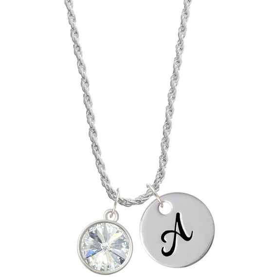 Delight Jewelry 12mm Crystal Rivoli - Clear Silvertone Script Initial Disc - A - Charm Necklace, 20"+3"