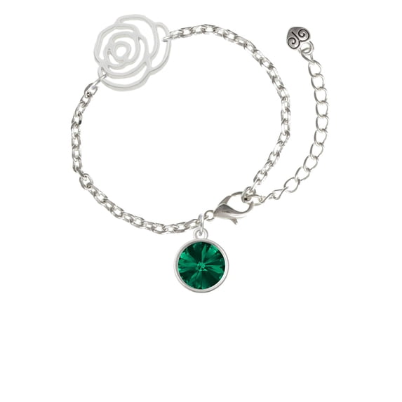 Delight Jewelry 12mm Crystal Rivoli - Green Silver-tone Flower Link Chain Bracelet, 6.75"+2" Extender