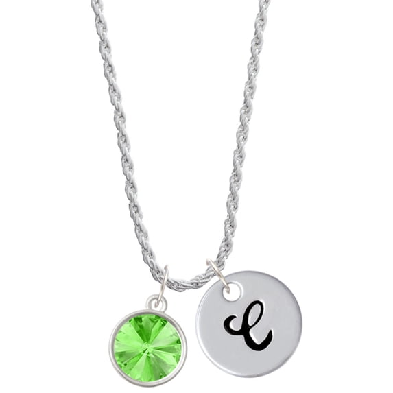 Delight Jewelry 12mm Crystal Rivoli - Lime Green Silvertone Script Initial Disc - C - Charm Necklace, 20"+3"
