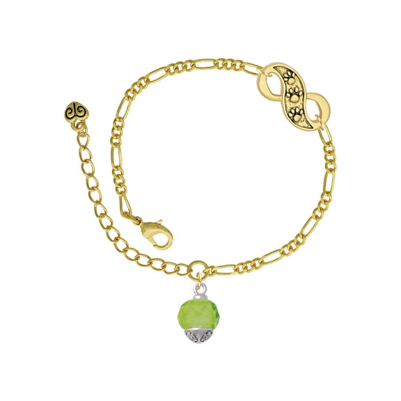 Delight Jewelry 12mm Faceted Lime Glass Spinner Gold-tone Paw Infinity Link Chain Bracelet, 6"+2" Extender