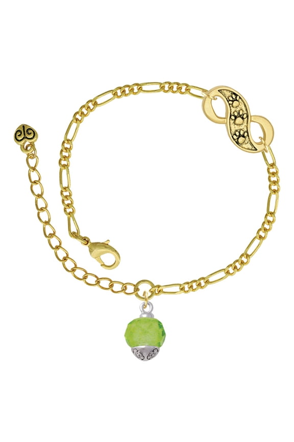12mm Faceted Lime Glass Spinner Gold-tone Paw Infinity Link Chain Bracelet, 6"+2" Extender