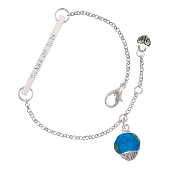 Delight Jewelry 12mm Faceted Teal Glass Spinner - Silvertone Class of 2026 Delicate Bar Bracelet, 8.5"