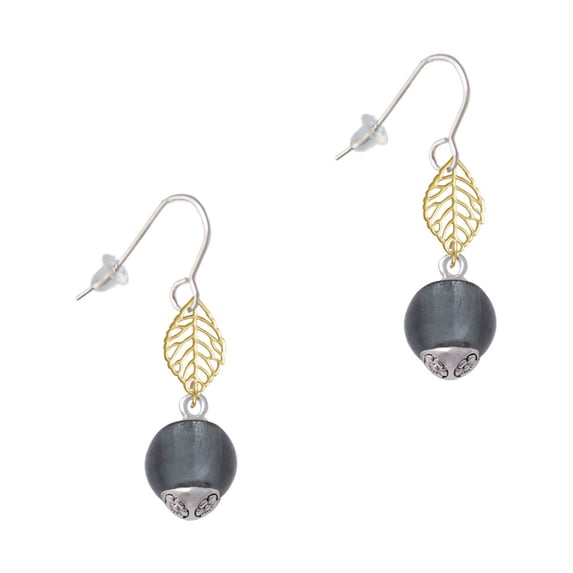 Delight Jewelry 12mm Grey Roller Spinner with Silvertone Lining Glass Spinner Goldtone Leaf French Earrings
