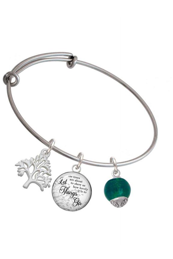 12mm Teal Roller Spinner with Silvertone Lining Glass Spinner Silvertone Let Things Go Tree Charm Bangle Bracelet