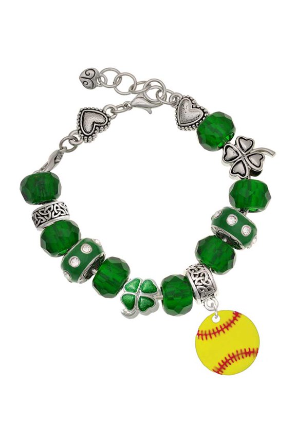 3/4'' Enamel Softball - Green Irish Luck Bead Charm Bracelet, 7.5"