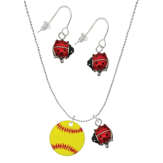 Delight Jewelry 3/4'' Enamel Softball Red Lucky Ladybug Necklace and Dangle Earrings Set