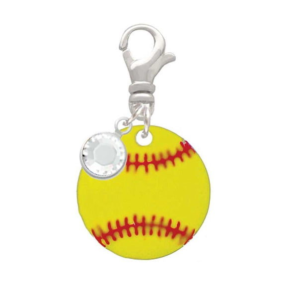 Delight Jewelry 3/4'' Enamel Softball - Silvertone Clip on Charm with Clear Crystal Drop