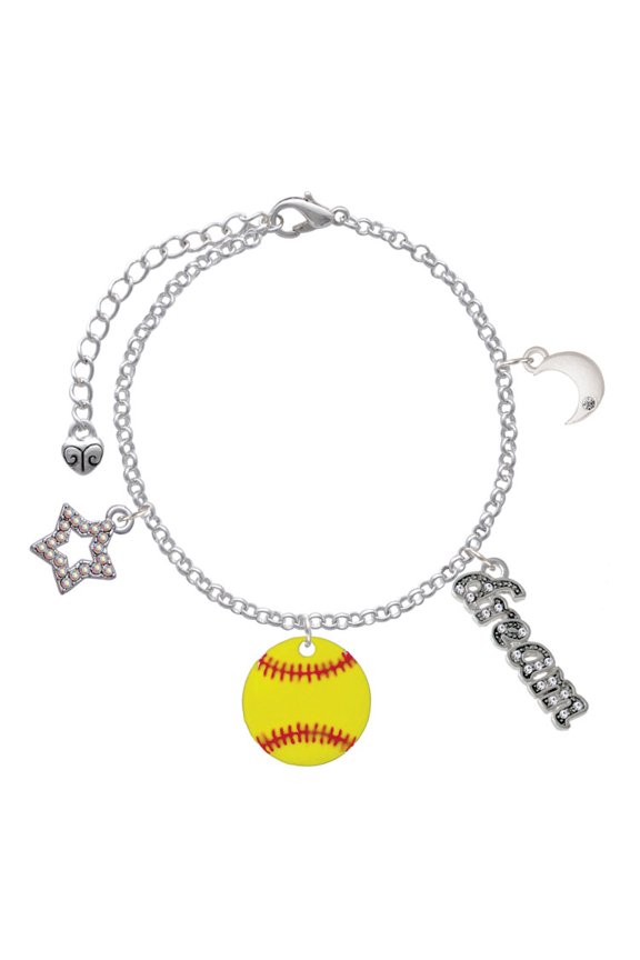 3/4'' Enamel Softball Silvertone Dream Big Charm Bracelet, 7.5+2" Extender