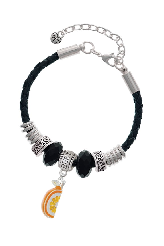 3-D Enamel Orange Slice Best Friend Celtic Knot Leather Bead Bracelet, 7"+2" Extender