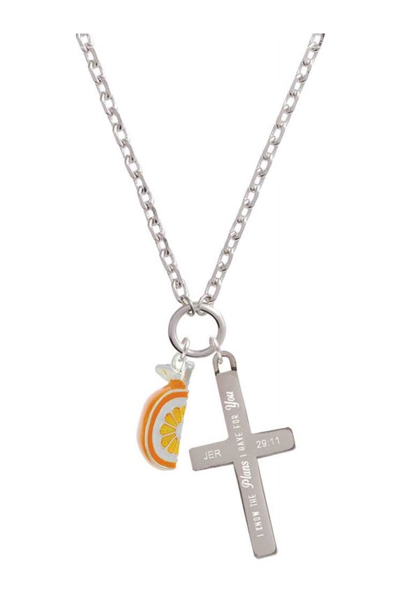 3-D Enamel Orange Slice I Have Plans for You Engraved Cross Zoey Necklace, 28"