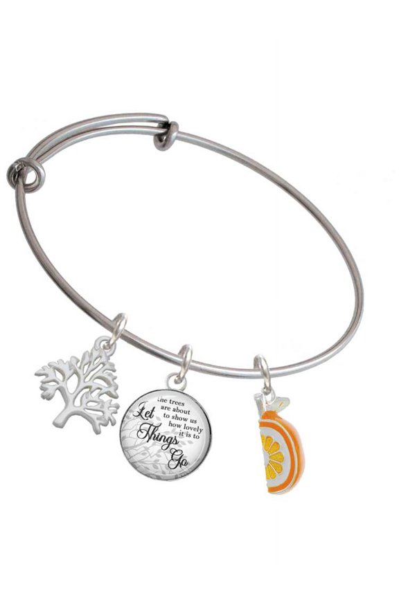 3-D Enamel Orange Slice Silvertone Let Things Go Tree Charm Bangle Bracelet