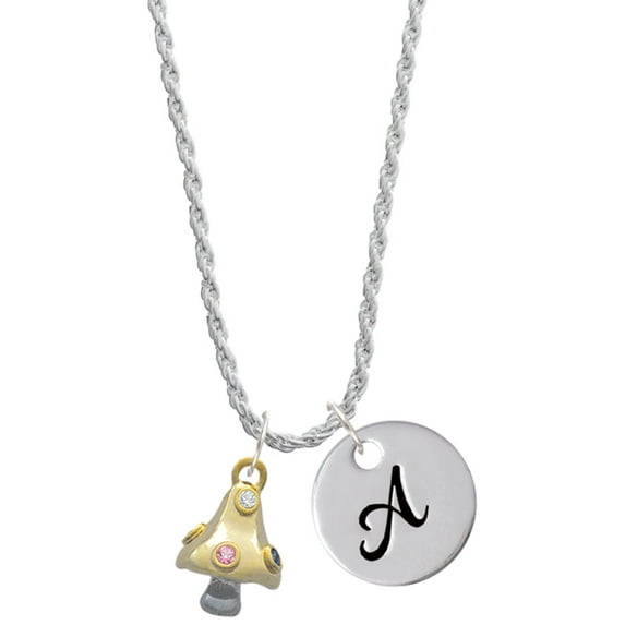 Delight Jewelry 3-D Goldtone Mushroom with Crystals Silvertone Script Initial Disc - A - Charm Necklace, 20"+3"