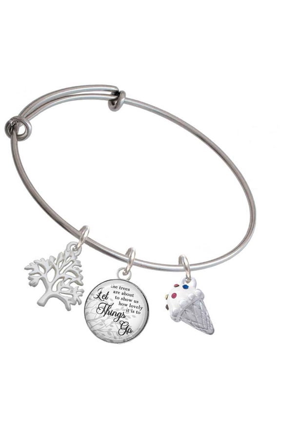 3-D Vanilla Ice Cream Cone with Crystal Sprinkles Silvertone Let Things Go Tree Charm Bangle Bracelet