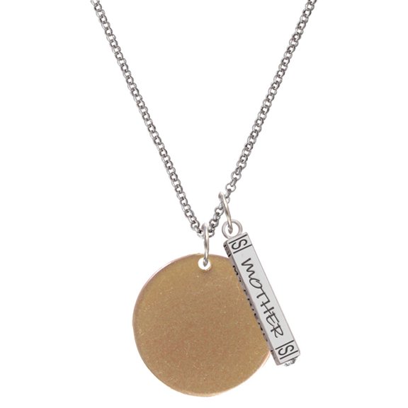 Delight Jewelry Acrylic 1 1/8" Disc Goldtone Silvertone Mother Daughter Bar Charm Necklace, 23"