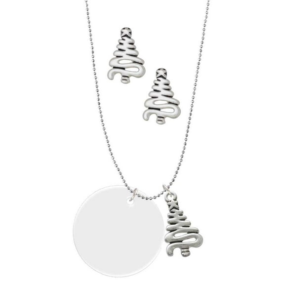 Delight Jewelry Acrylic 1 1/8" Disc Imitation Pearl Silver tone Zig Zag Christmas Tree Charm Necklace and Stud Earrings