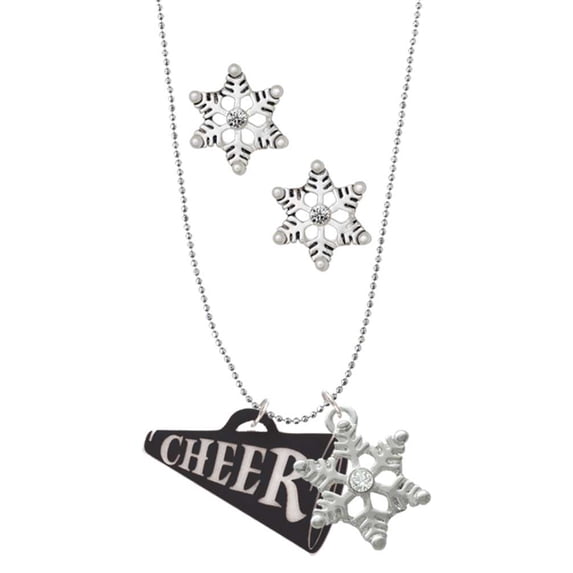 Delight Jewelry Acrylic 1.25" Black Cheer Megaphone Silver tone Snowflake Charm Necklace and Stud Earrings