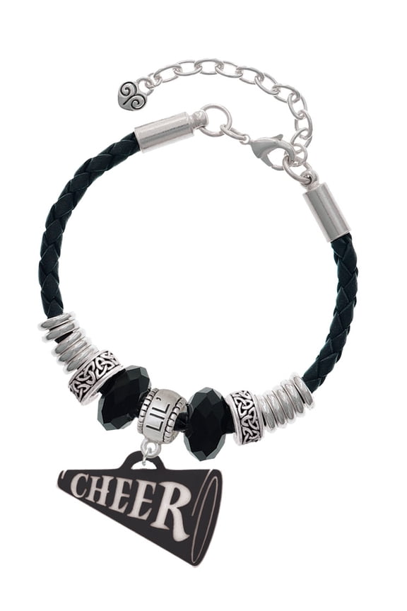 Acrylic 1.25" Black Cheer Megaphone Sister Celtic Knot Leather Bead Bracelet, 7"+2" Extender