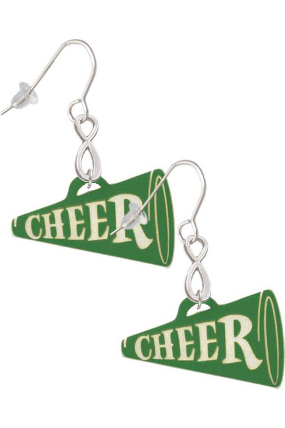 Acrylic 1.25" Green Cheer Megaphone Silver tone Infinity French Earrings