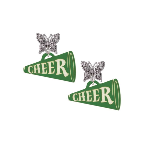 Delight Jewelry Acrylic 1.25" Green Cheer Megaphone Silvertone Antiqued Butterfly Post Earrings
