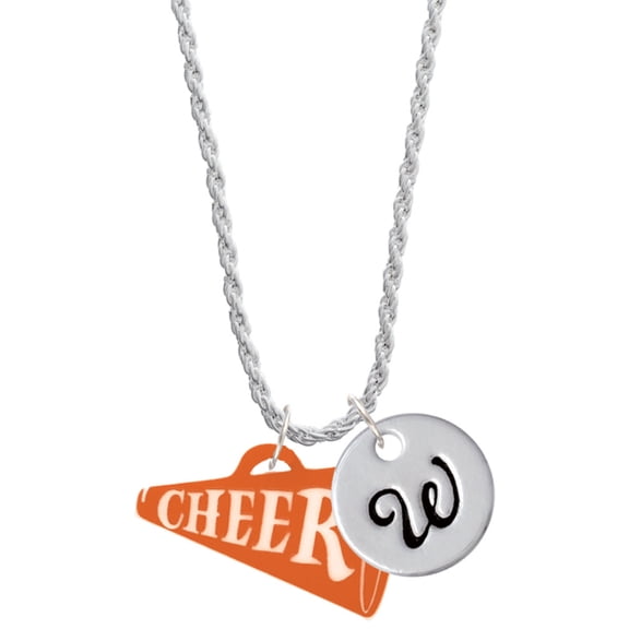 Delight Jewelry Acrylic 1.25" Orange Cheer Megaphone Silvertone Script Initial Disc - W - Charm Necklace, 20"+3"