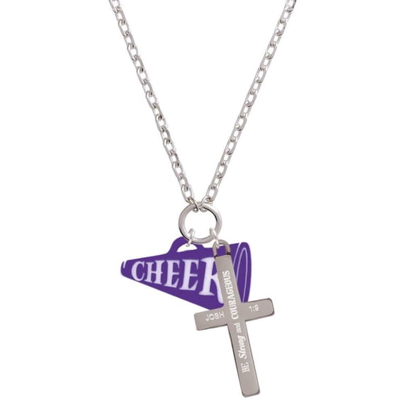 Delight Jewelry Acrylic 1.25" Purple Cheer Megaphone Be Strong and Courageous Engraved Cross Zoey Necklace, 28"