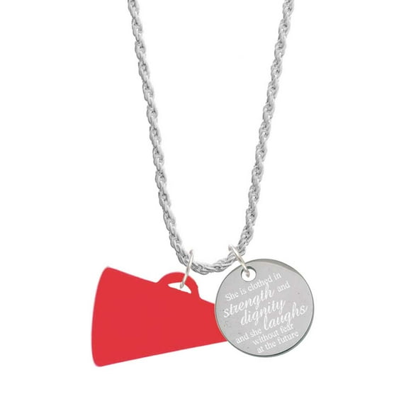 Delight Jewelry Acrylic 1.25" Red Megaphone She is Clothed in Stength and Dignity Charm Necklace, 20"+3"
