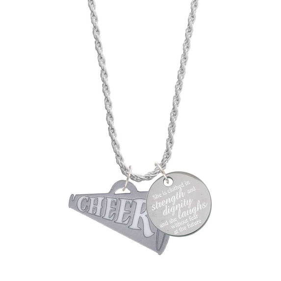Delight Jewelry Acrylic 1.25" Silvertone Cheer Megaphone She is Clothed in Stength and Dignity Charm Necklace, 20"+3"