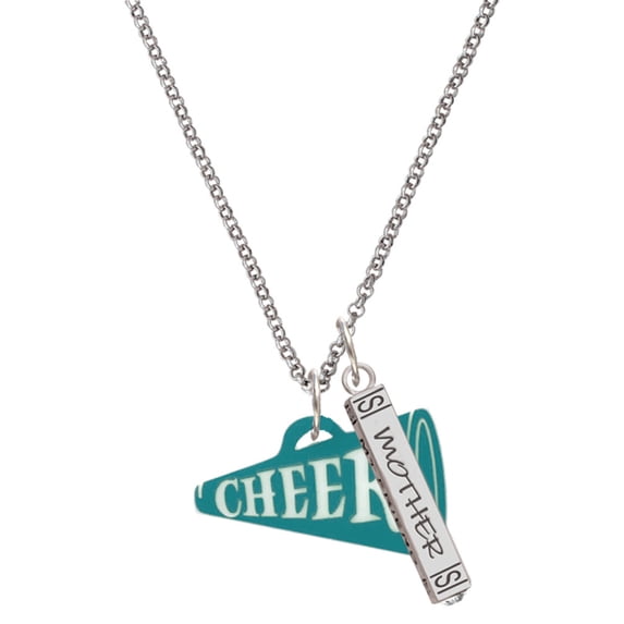 Delight Jewelry Acrylic 1.25" Teal Cheer Megaphone Silvertone Mother Daughter Bar Charm Necklace, 23"