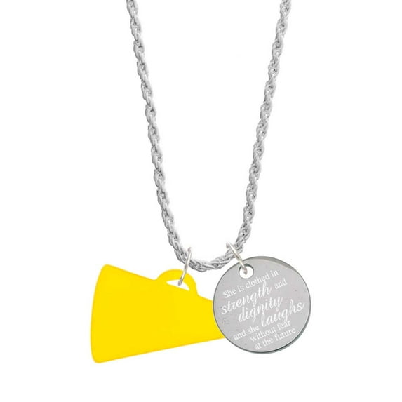 Delight Jewelry Acrylic 1.25" Yellow Megaphone She is Clothed in Stength and Dignity Charm Necklace, 20"+3"