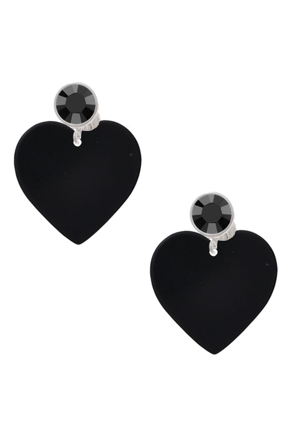 Acrylic 1" Black Heart Black Crystal Clip on Earrings