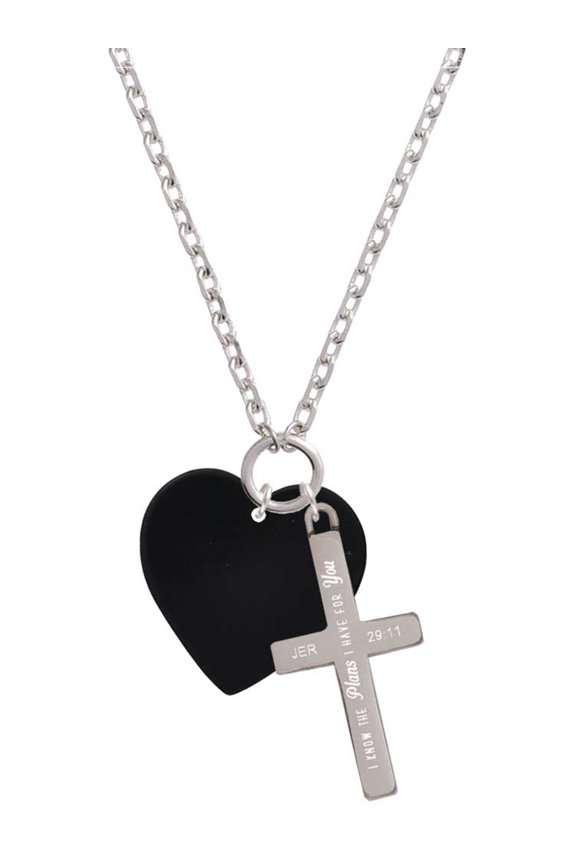 Acrylic 1" Black Heart I Have Plans for You Engraved Cross Zoey Necklace, 28"